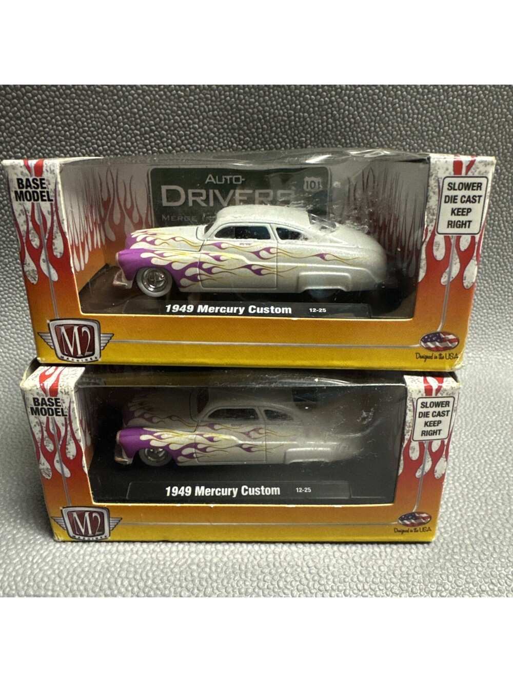 M2 Machines 1949 Mercury Custom Base Model 1/64 Purple Flames White Car Lot Of 2